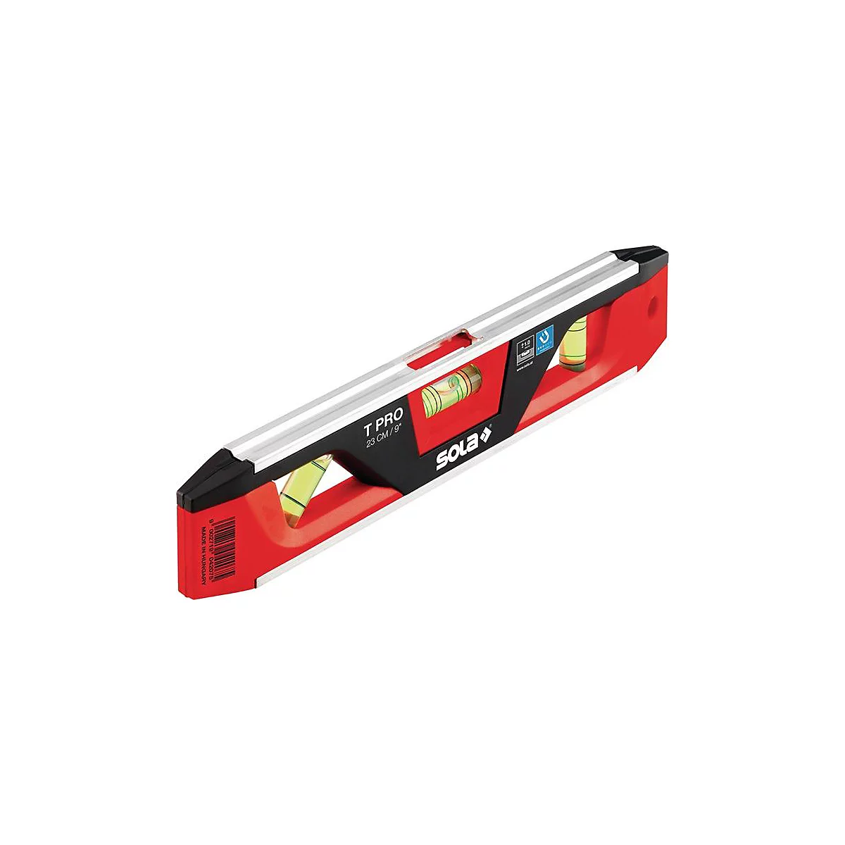 SOLA Torpedowasserwaage T PRO, 23 cm, Aluminium/ABS Kunststoff, Magnetstreifen, V-Nut, Messgenauigkeit 1 mm/m