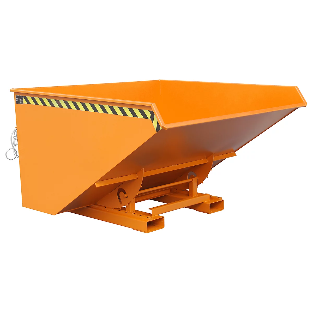 Contenedor basculante naranja con rayas de advertencia amarillas y negras, sobre una robusta construcción amarillo-naranja.