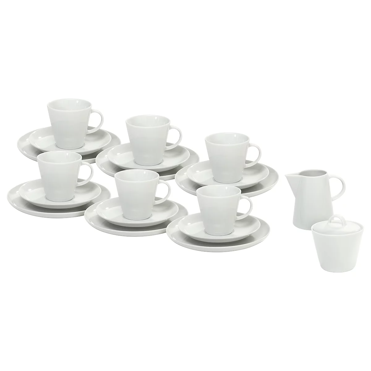 A white dinnerware set: six cups with saucers, sugar bowl and milk jug.