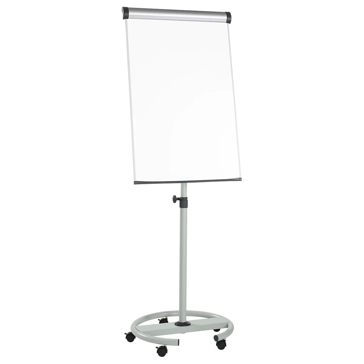 A white flip chart with a metal frame on a stand with wheels.