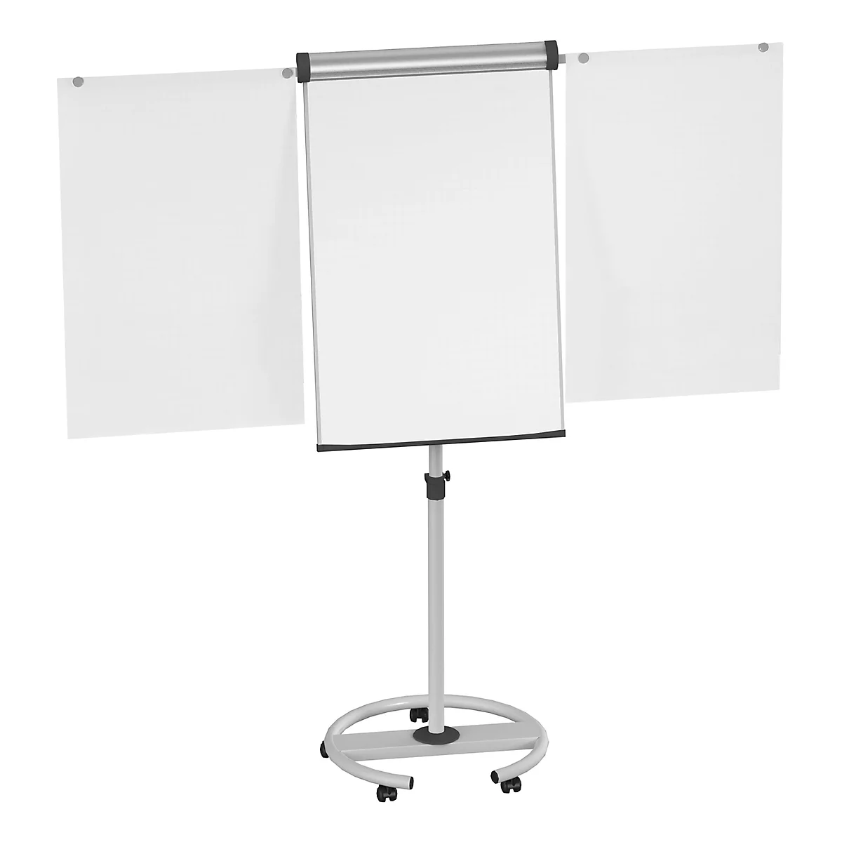Whiteboard with paper rolls, adjustable height, wheels.