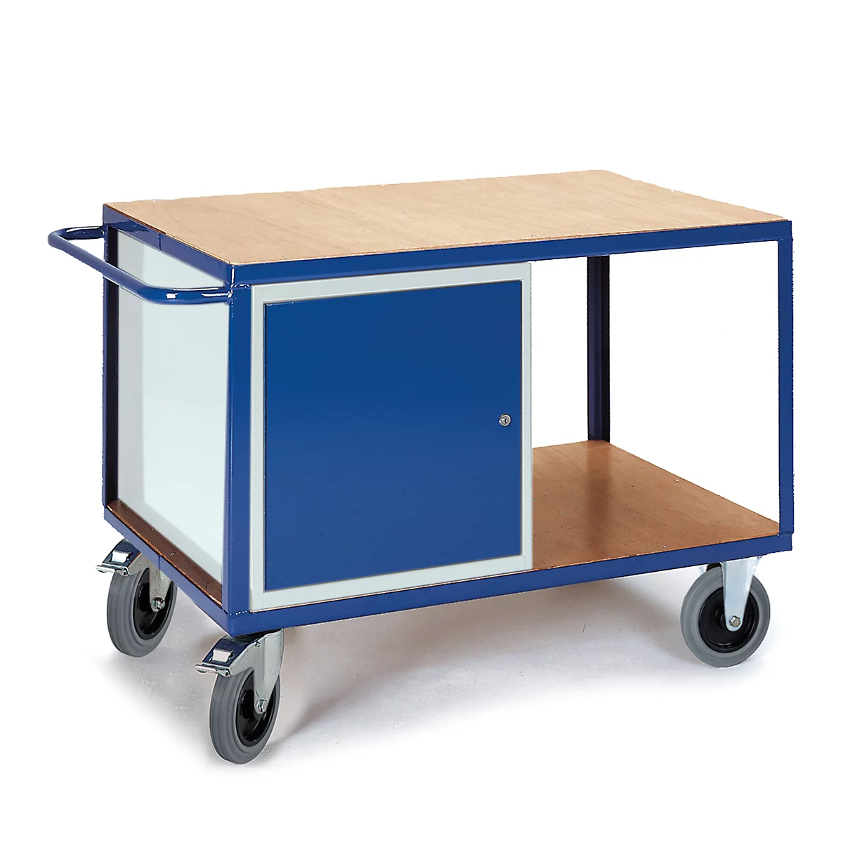 Blue and white workshop cart with wooden top and cabinet, standing on castors.