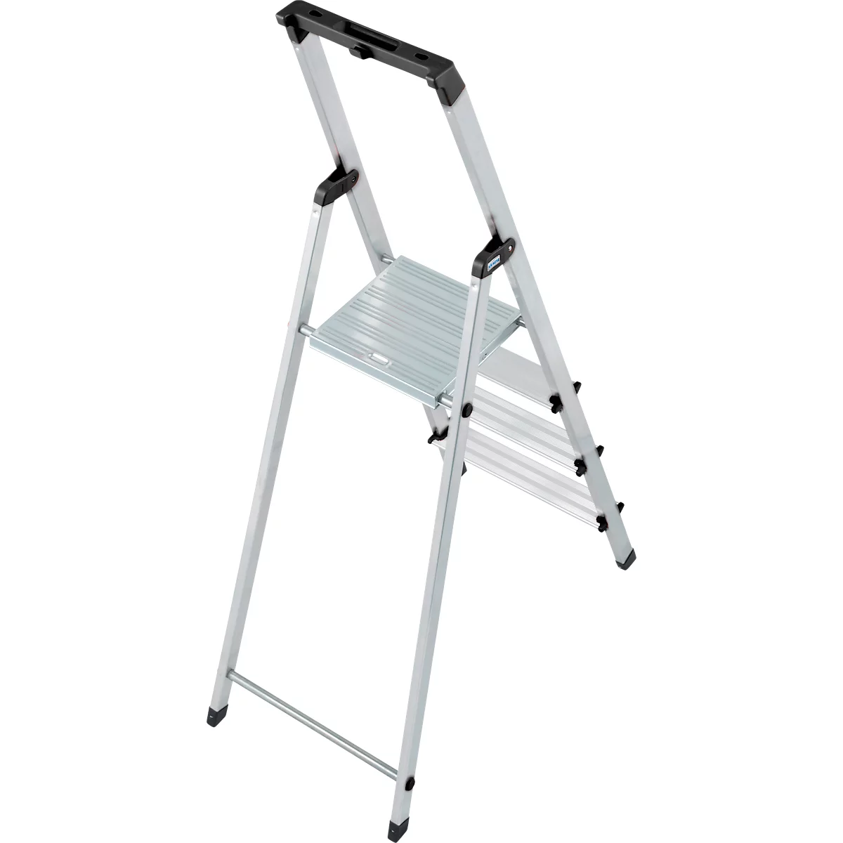 Folding aluminum step ladder extended. Black handle, step, feet and holders. Background white.