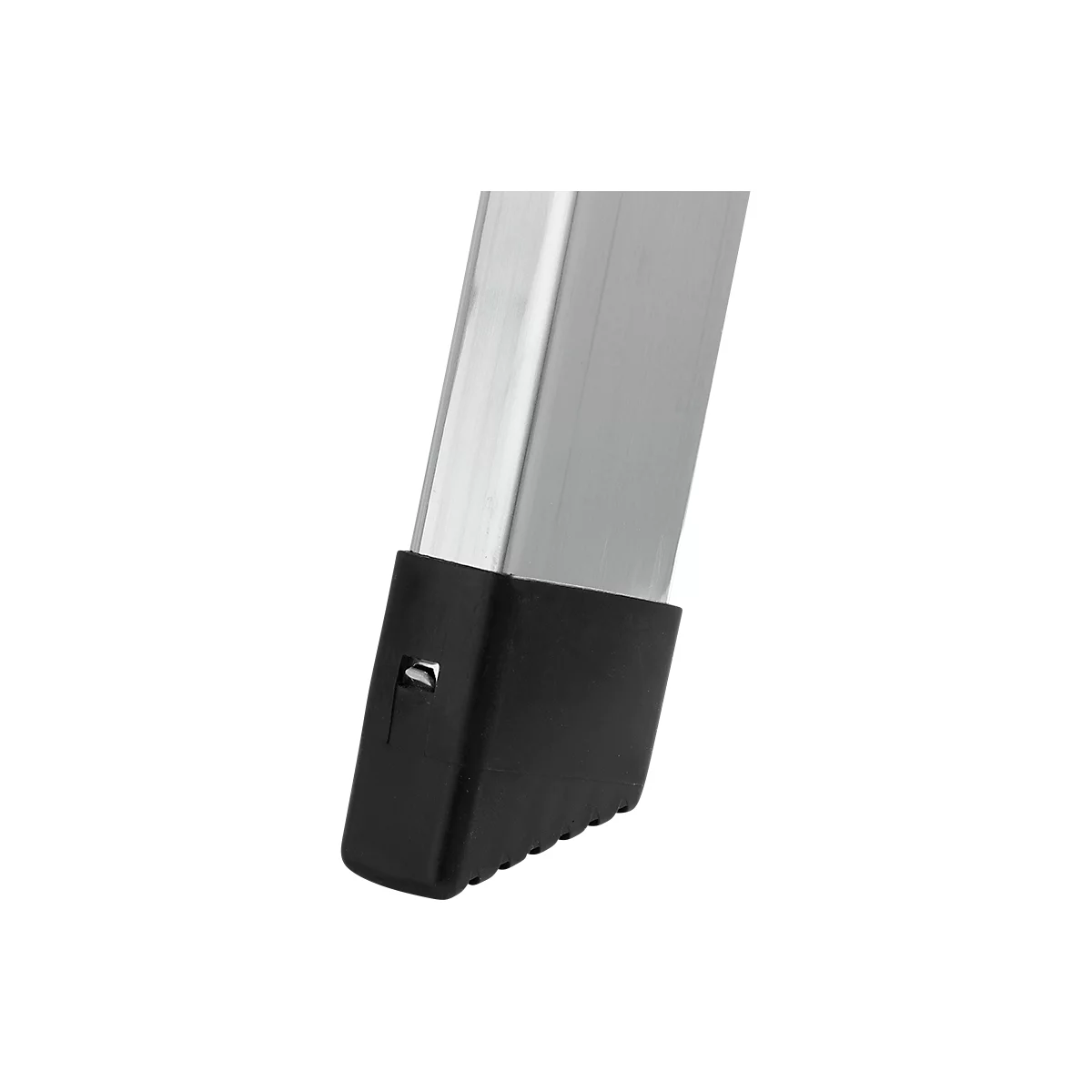 Detailed view of a metal ladder foot with black rubber protection.