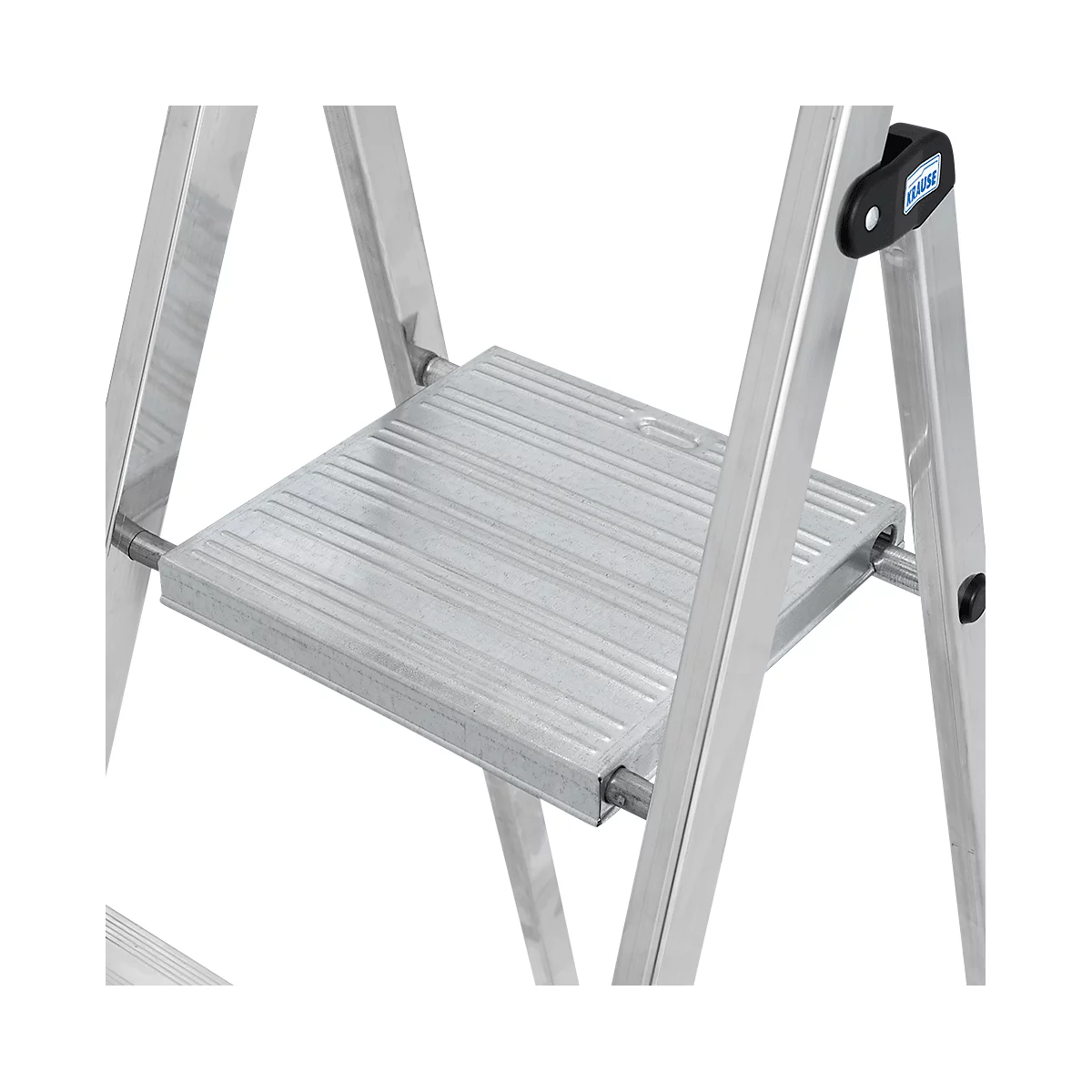 Close-up of a silver step ladder. The ribbed platform is in focus, along with the sturdy metal rungs.