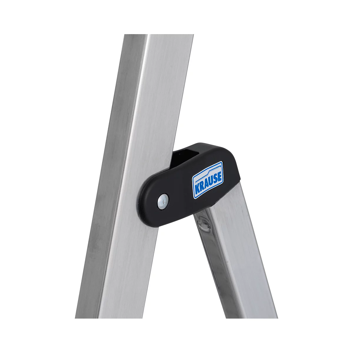 Close-up of a ladder. Black joint with Krause logo connecting silver rungs.