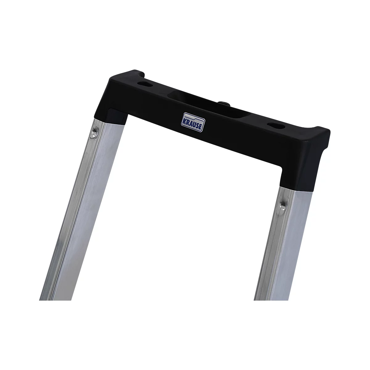 Close-up of a black ladder supported by silver rungs. The word "KRAUSE" can be seen on the black surface.