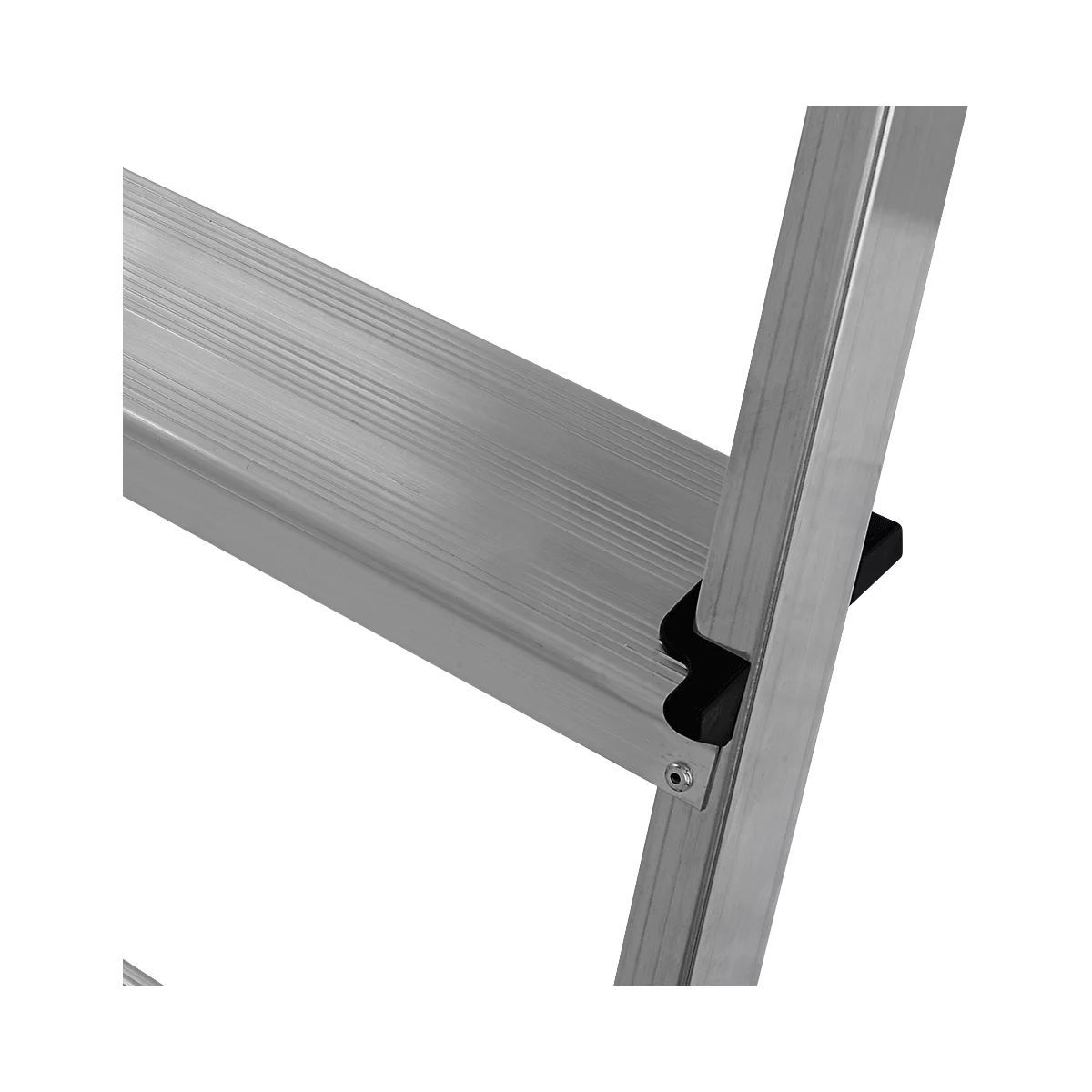 Detail of a silver stepladder; the step is ribbed, a black spacer and a rivet are visible.