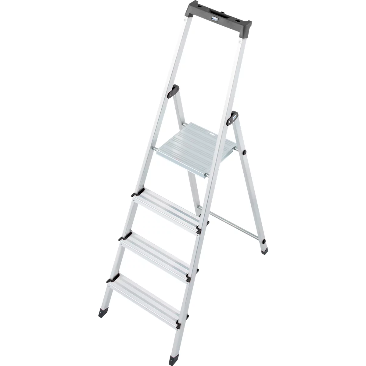 Silver metal ladder, folded. The treads are ribbed, the top handle is grey.
