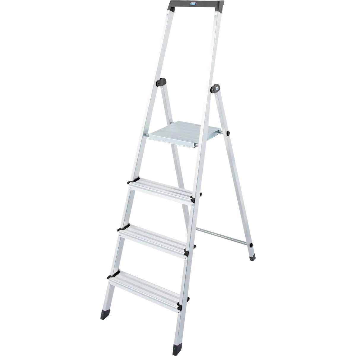 Aluminum ladder with four steps. A handrail and non-slip feet are available.