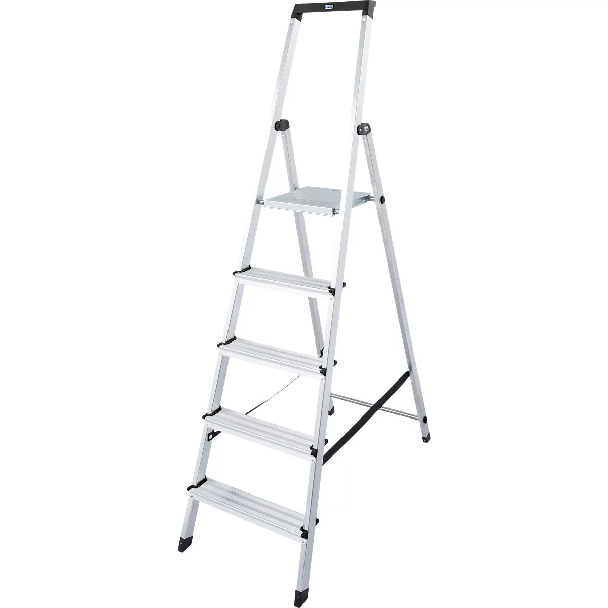 A silver aluminum step ladder with five steps and a black handrail.