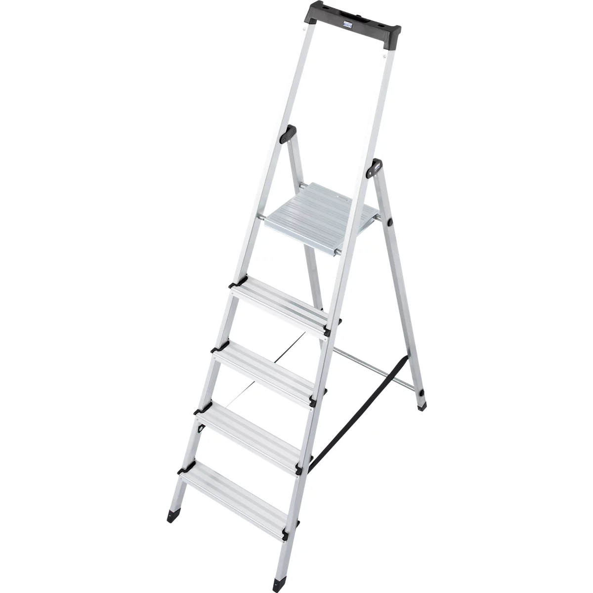 A bright silver step ladder standing against a white background. It has four steps and a handrail.