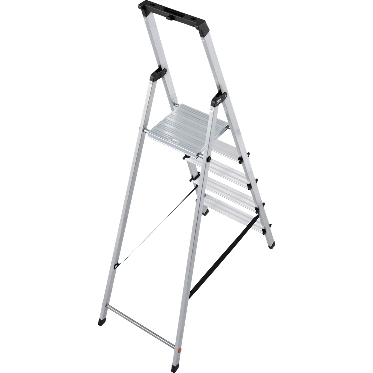 A silver stepladder against a white background. It has four steps, a platform, and a handle.