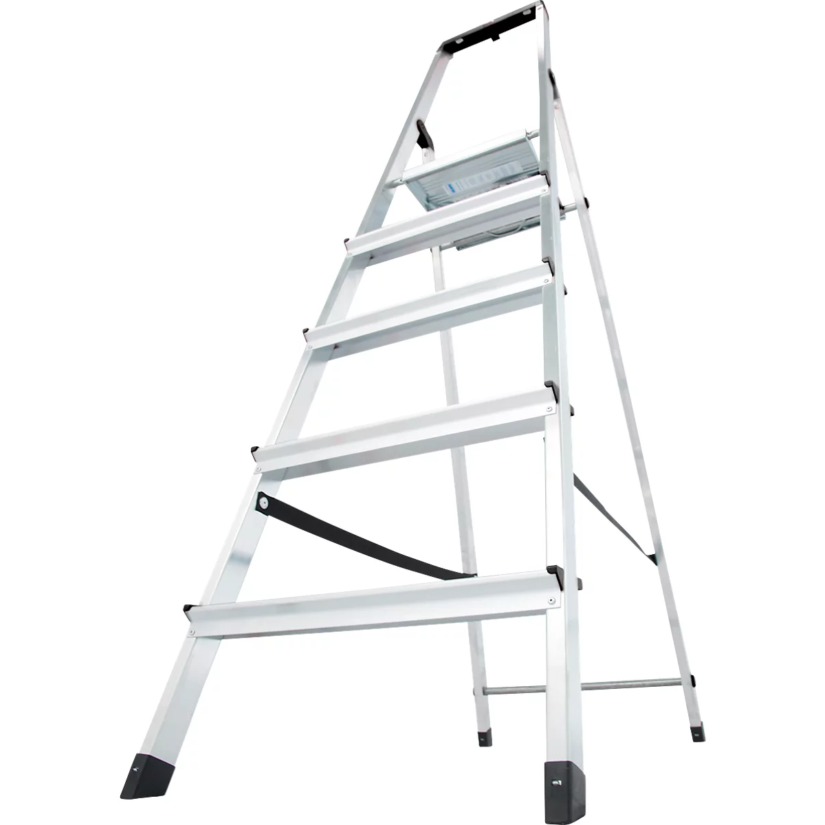 Aluminum ladder with five steps, standing against a white background.