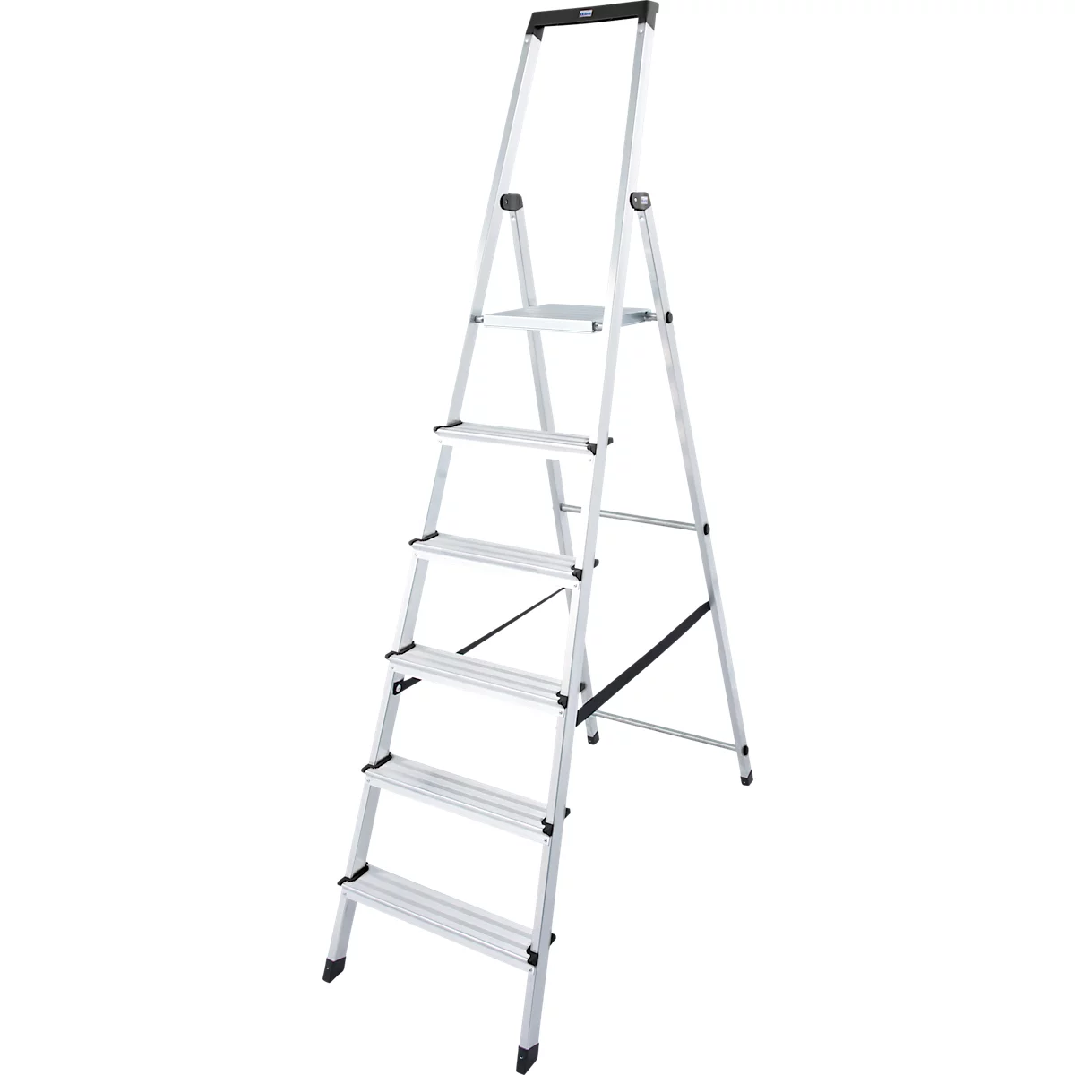 A silver stepladder, seven steps, black handle.