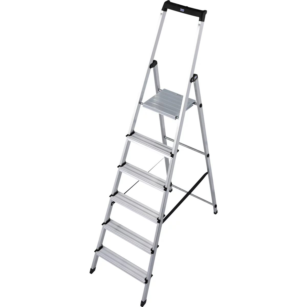 A silver step ladder with six steps and a black handle. It stands on a white background.