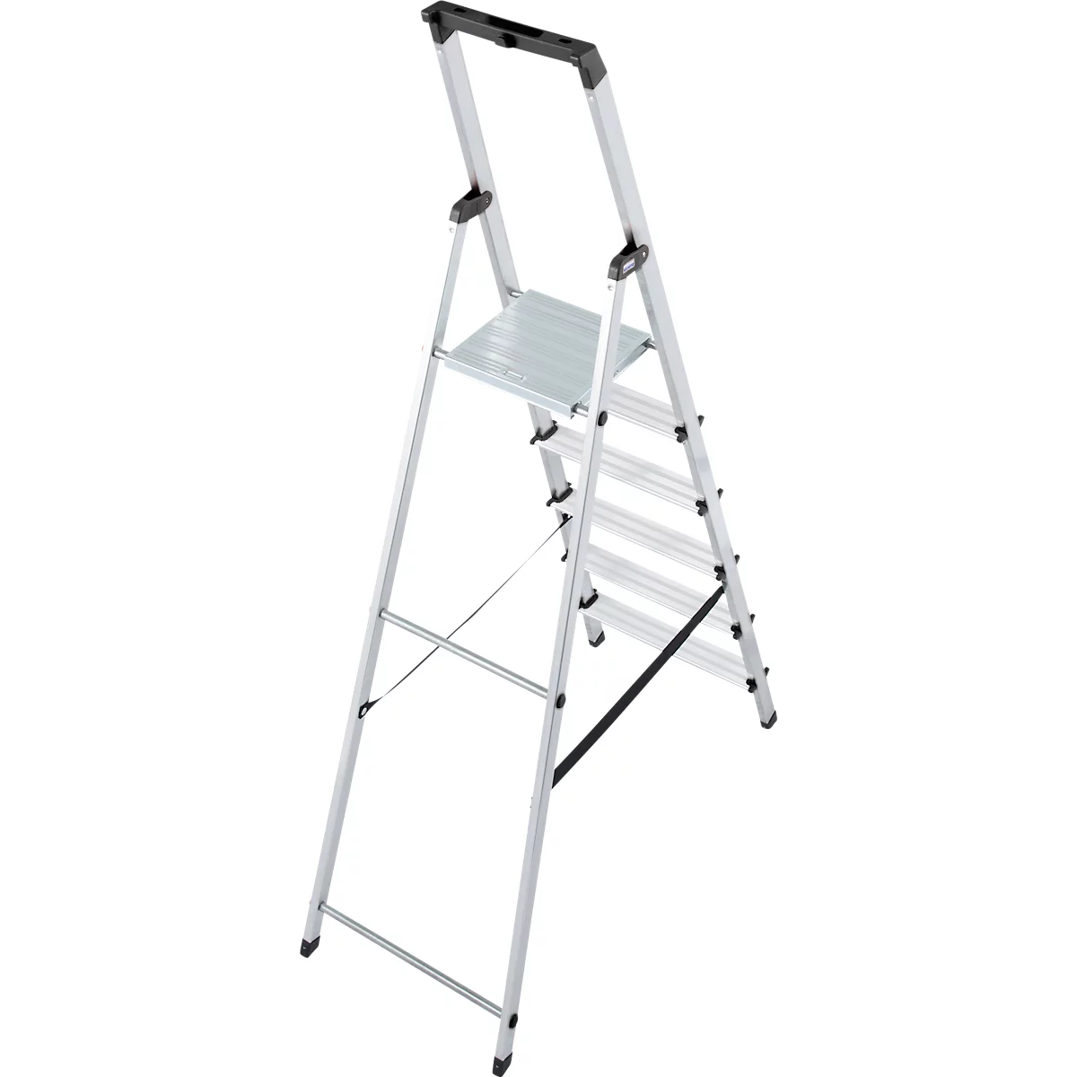 Grey aluminum step ladder, partially folded, against a white background. With black handle at the top.