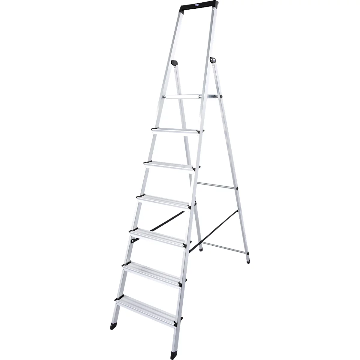 Grey, freestanding stepladder with seven rungs. The ladder is made of metal and stands on a black surface.