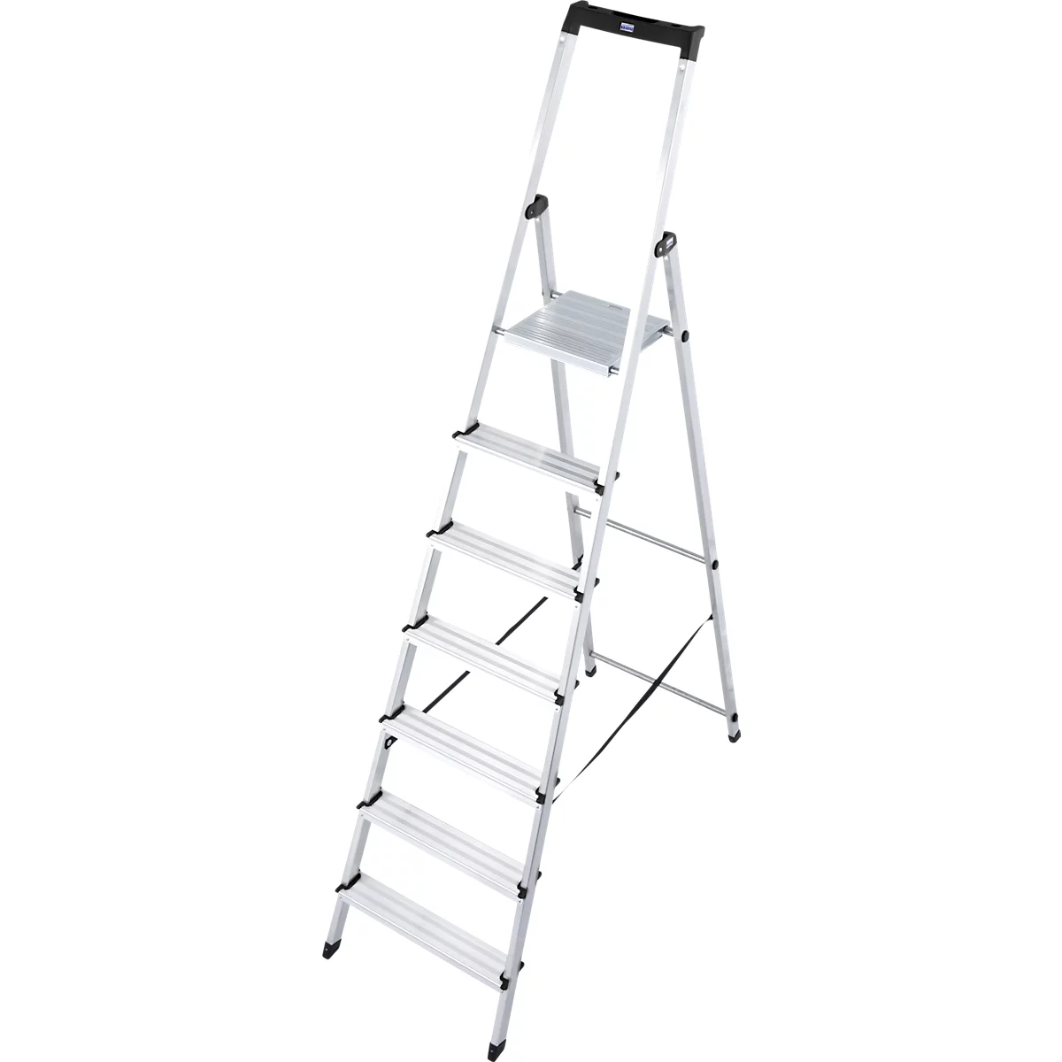 Folding aluminum step ladder. The ladder has six steps and an upper platform, black details and a handle.