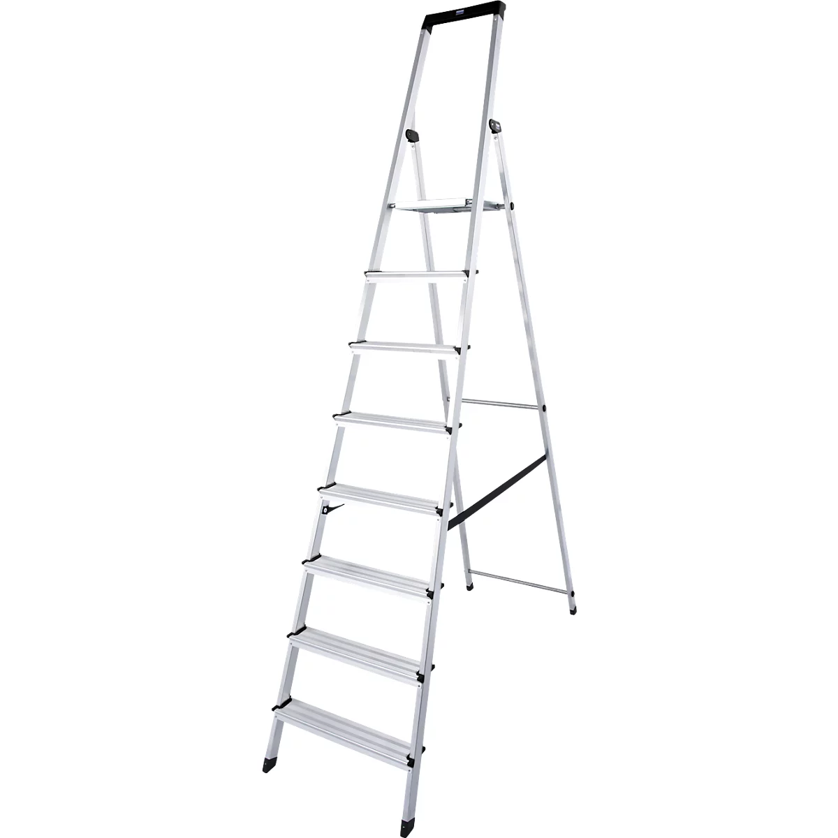 A silver stepladder, freestanding, with eight steps and a black upper hand grip.