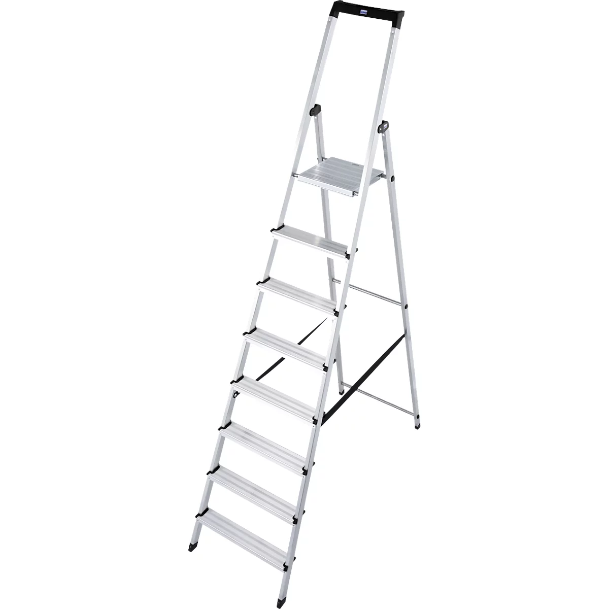A silver stepladder stands against a white background. It has seven steps, a platform, and a black handrail.