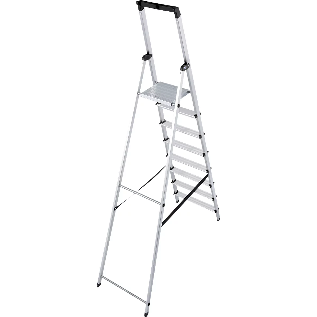 Grey step ladder with black handle. Step surface with ribbed surface, other steps. Upright, suitable for indoor and outdoor use.