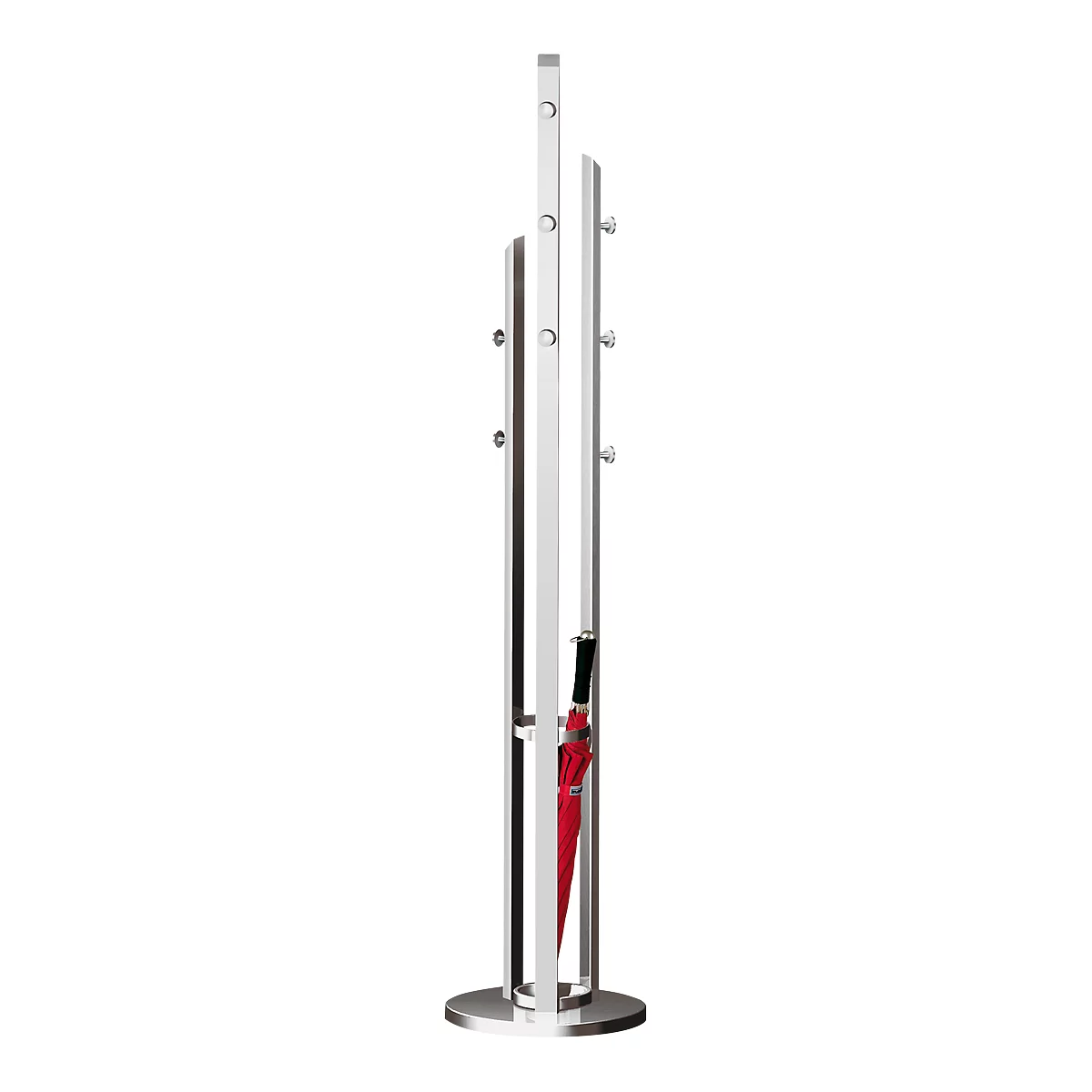 Modern coat stand with red umbrella. Stainless steel, silver details. Straight design with hooks and umbrella holder.