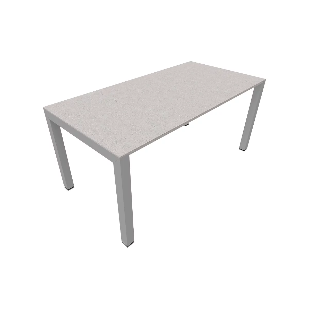 A rectangular table with a light gray, slightly textured tabletop. The four legs are gray and angled.