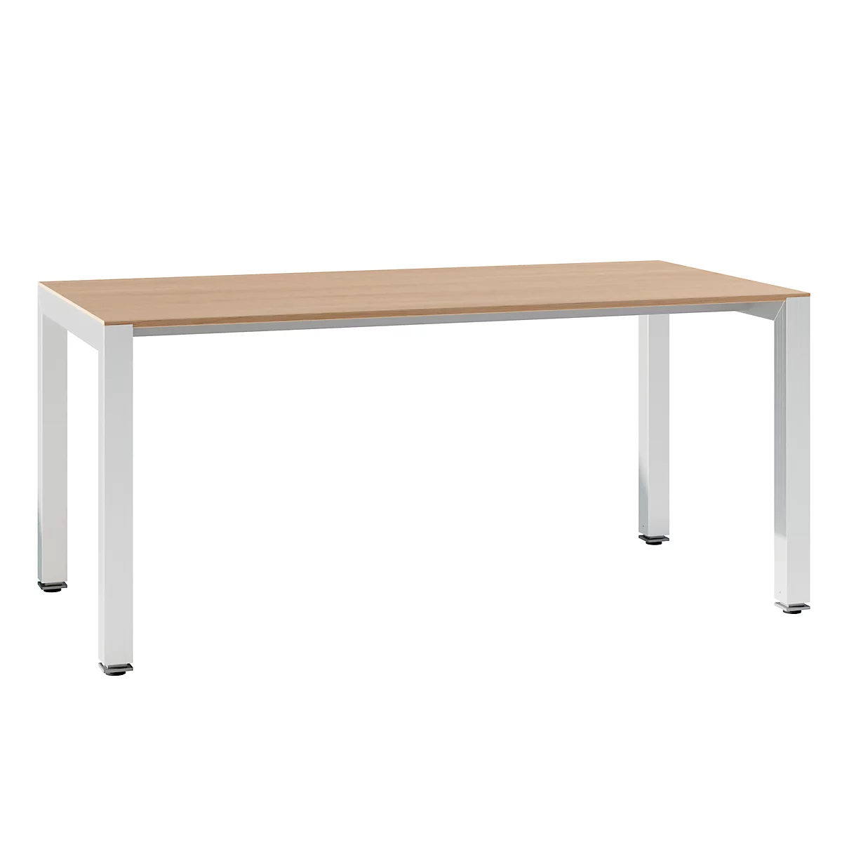 A rectangular table with a light brown tabletop and white, square legs. The table stands against a white background.