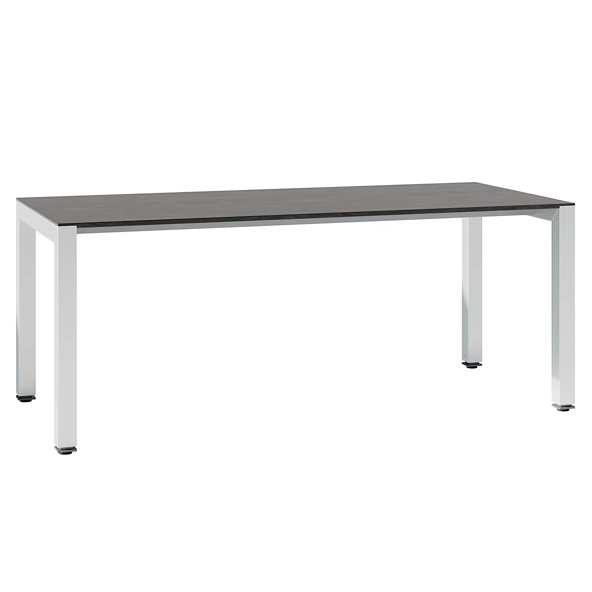 A rectangular table with a black tabletop and silver legs. The table stands against a white background.
