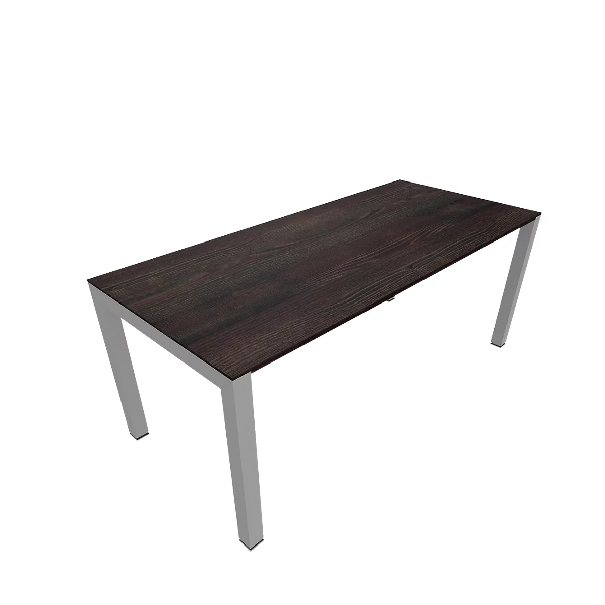 Dark brown table with silver legs. On a white background.
