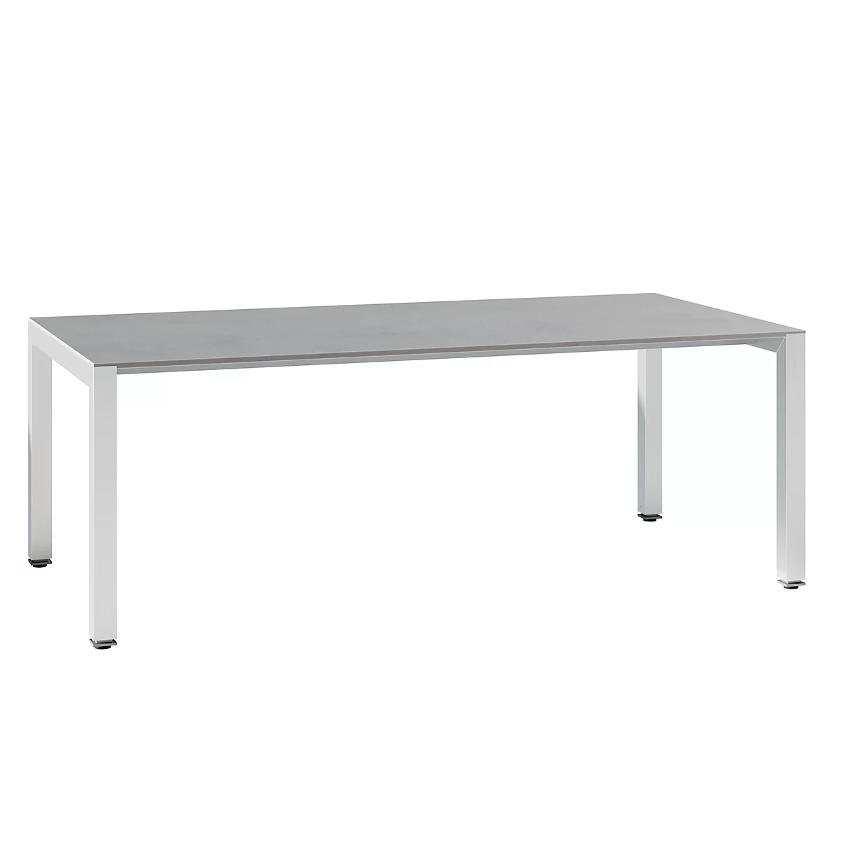 A rectangular dining table with a gray tabletop and white metal legs, against a white background.
