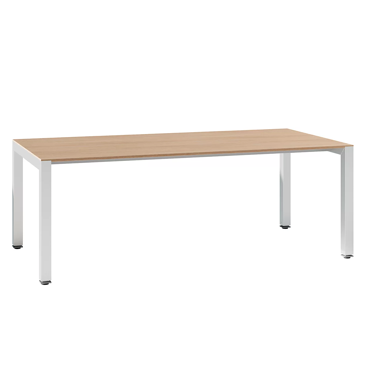 A rectangular wooden table with white metal legs. On a light background.