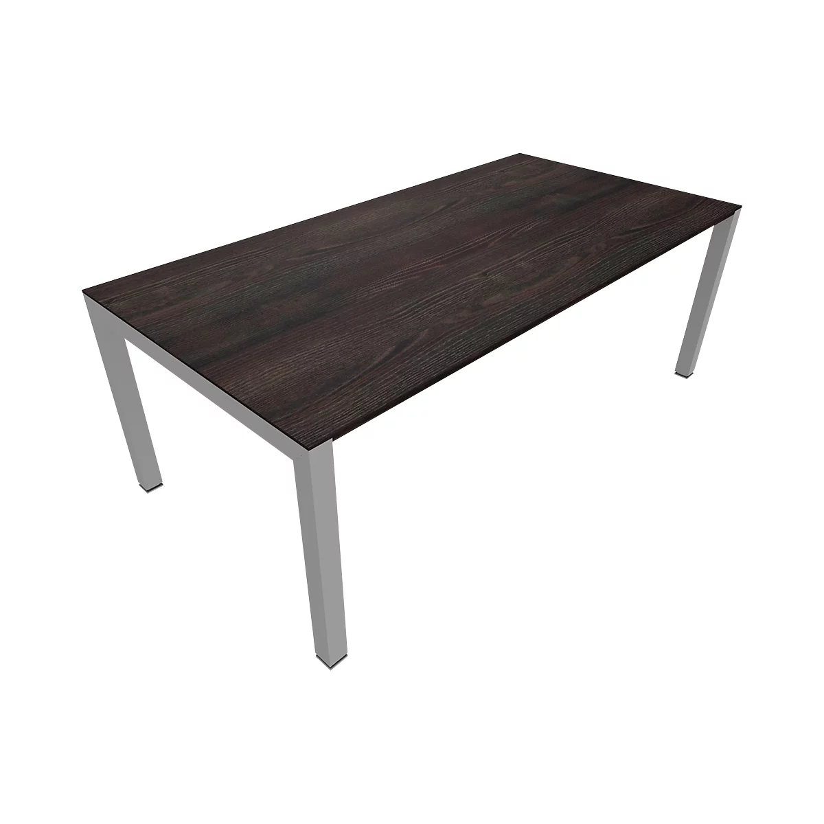 A rectangular table with a dark wooden top and silver-grey metal legs.