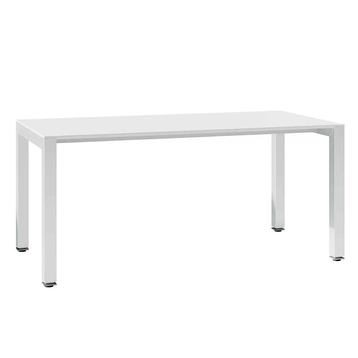 White table with rectangular tabletop and four square legs. The table legs have black feet.