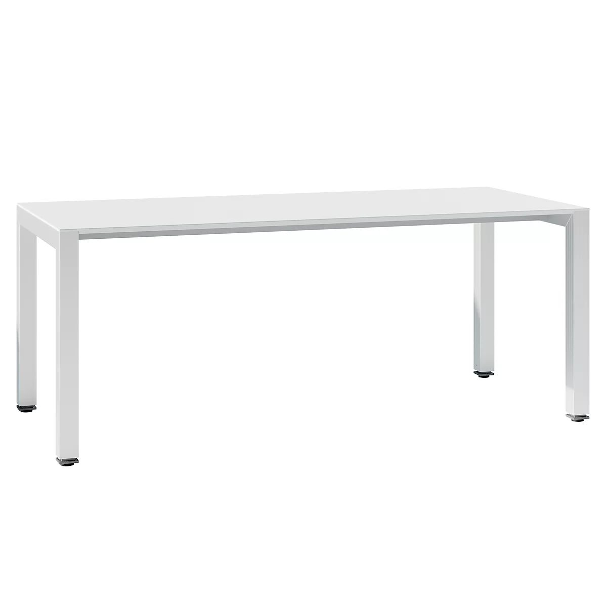 White table with rectangular table top and square table legs, standing on a white surface.