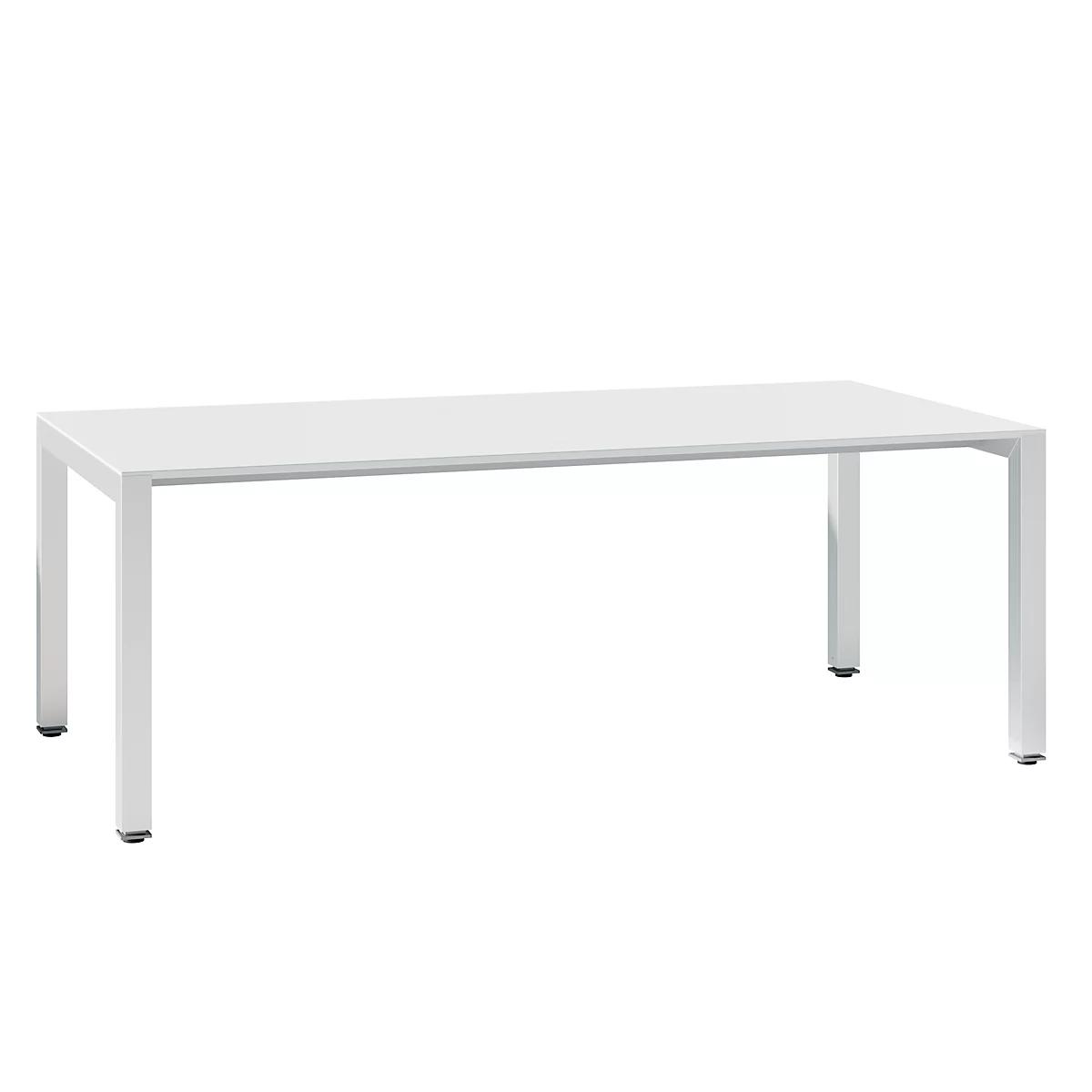 White table with rectangular tabletop and square legs, in front of a white background.