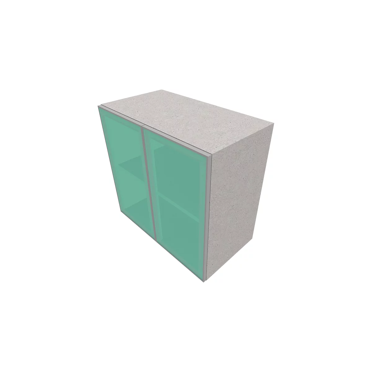 Gray cabinet with green glass doors, shelves behind.