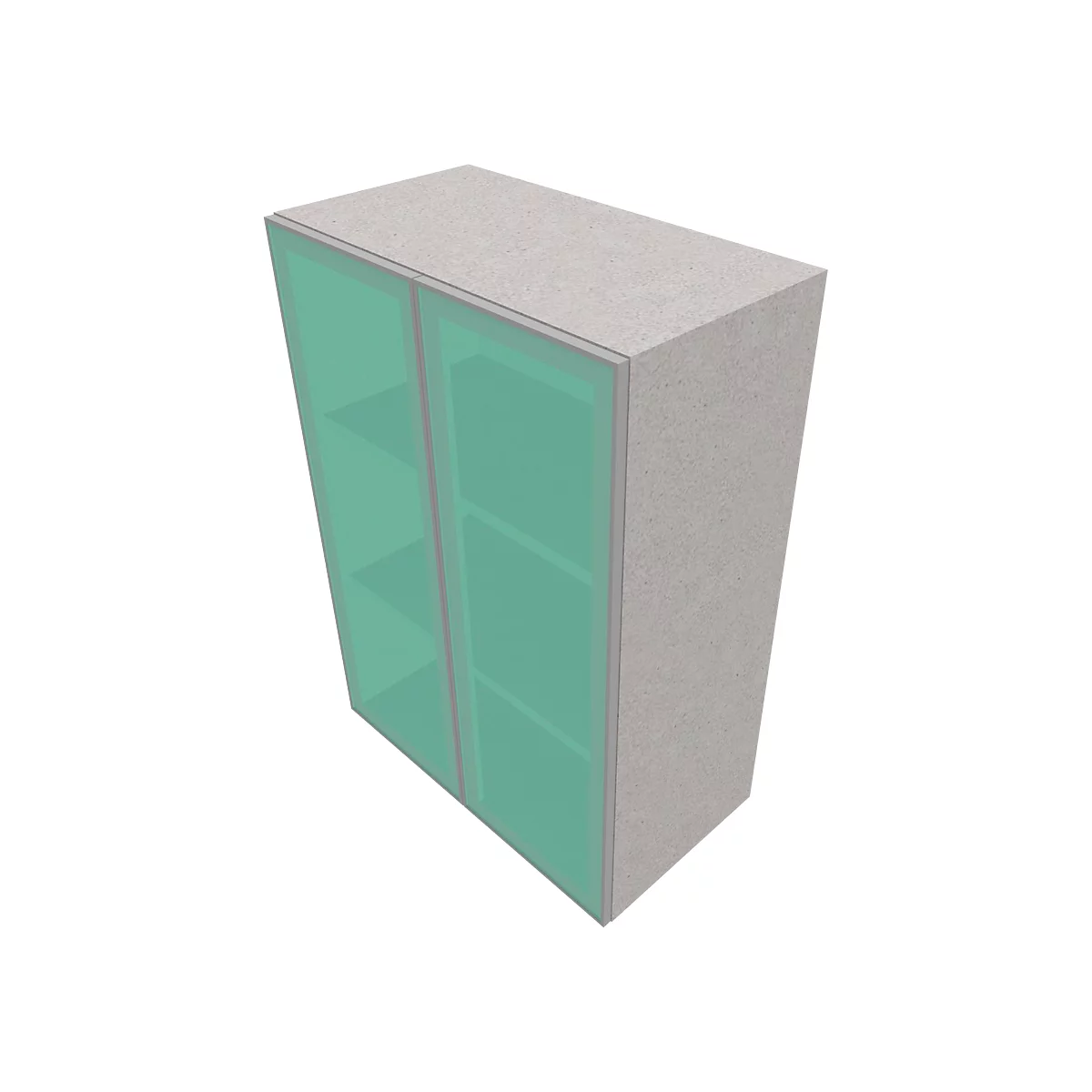 Grey cabinet with glass doors, shelves inside.