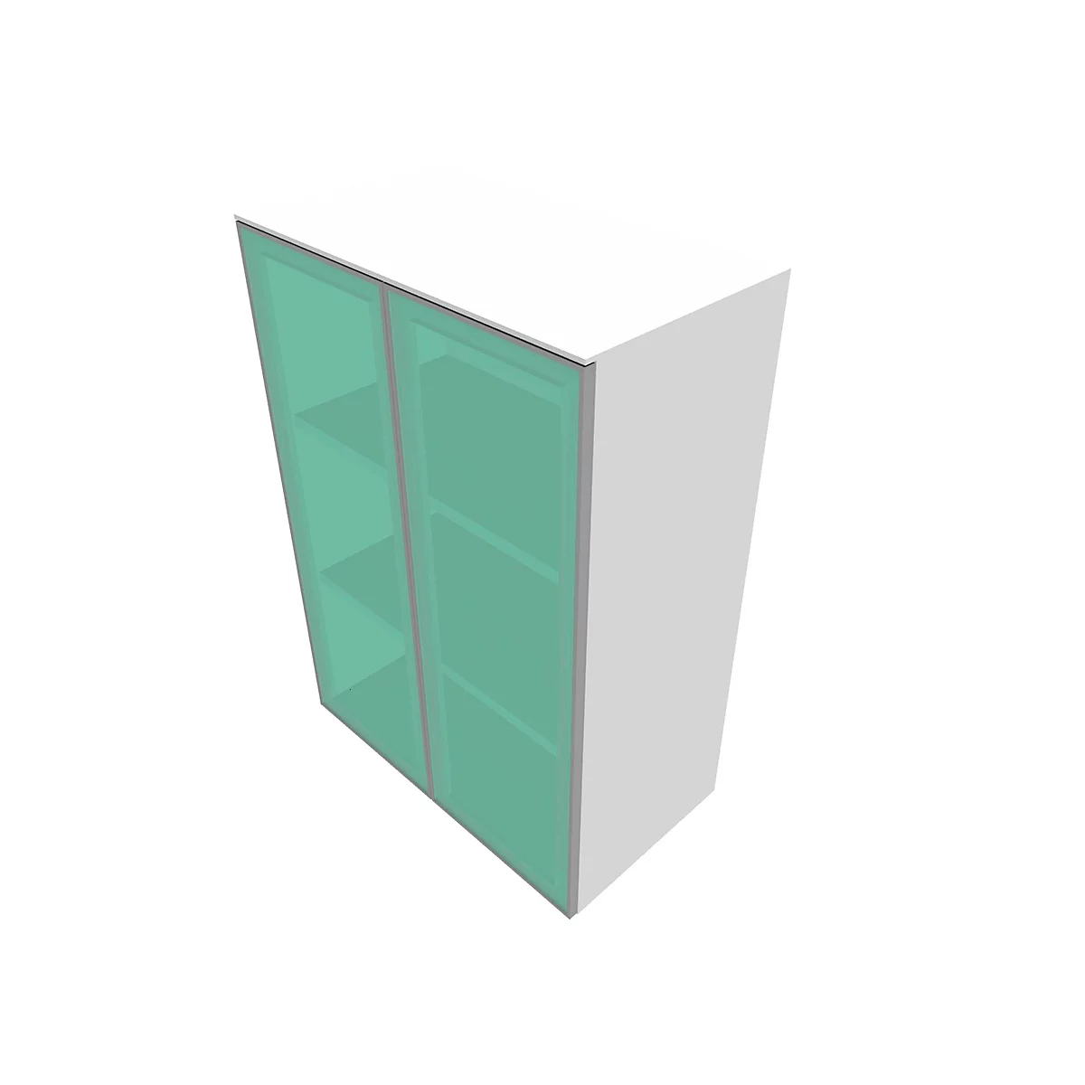 A white cabinet with glass front and green shelves. A perspective from the top left is shown.