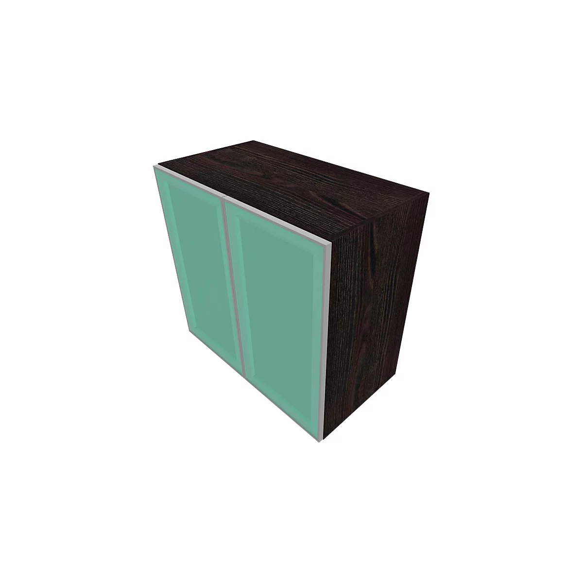 Dark brown cabinet with two green doors. The wood grain is clearly visible. The doors are framed by a white frame.