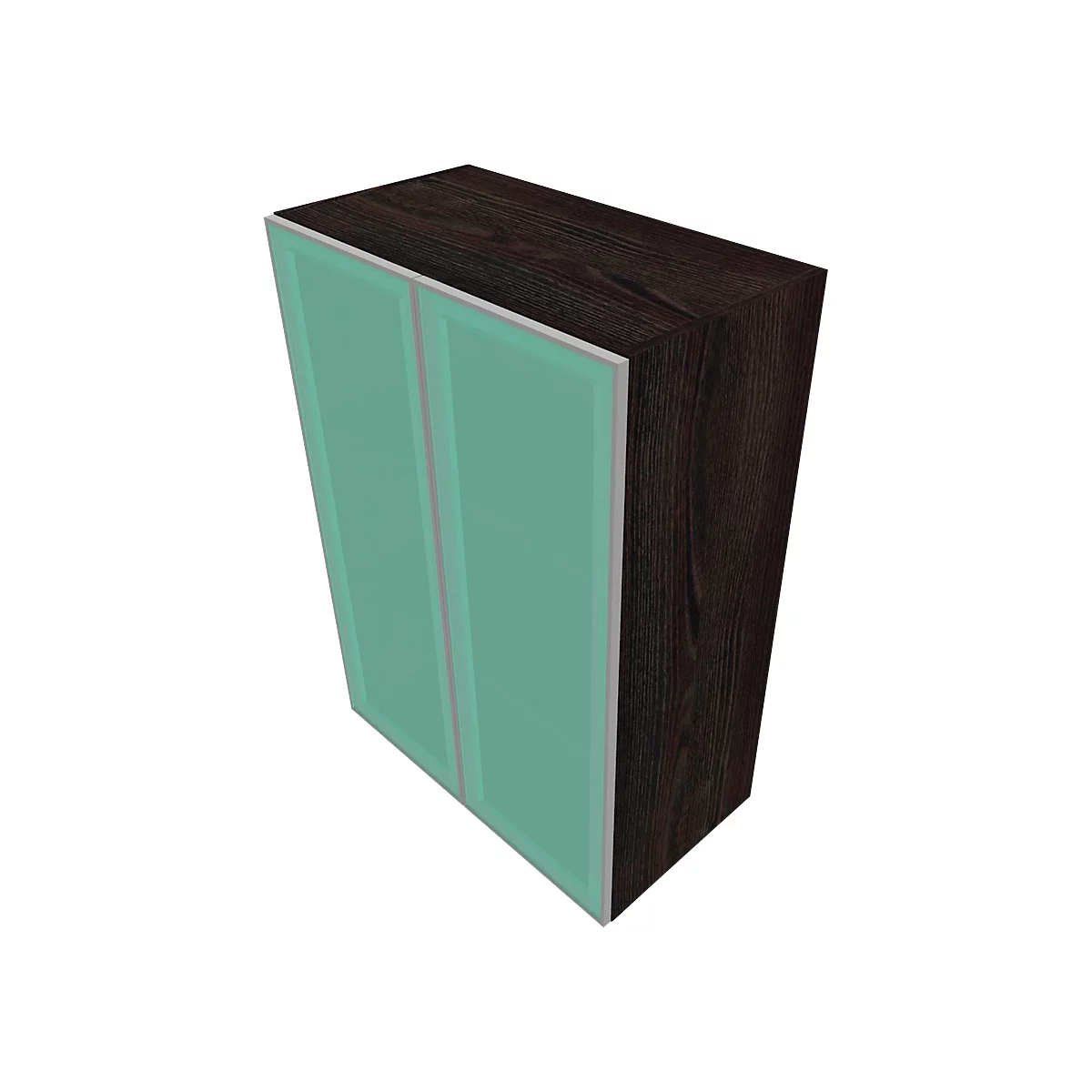 Cabinet with turquoise doors and wood look. Gray frames, oblique perspective.