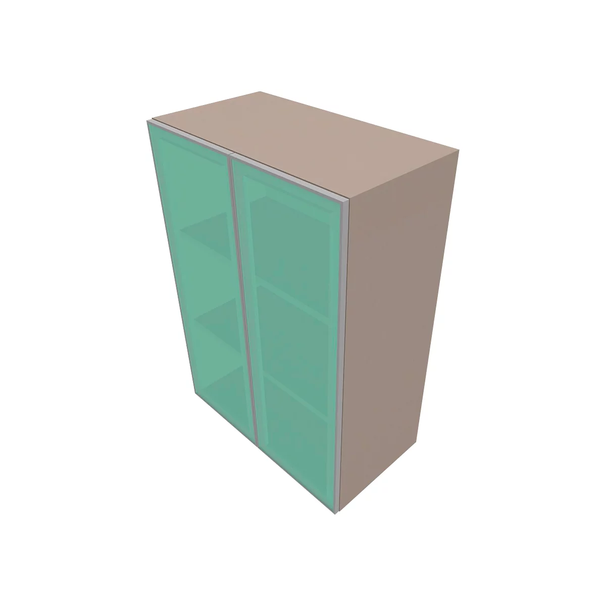 Brown cabinet with green glass doors and silver frames.