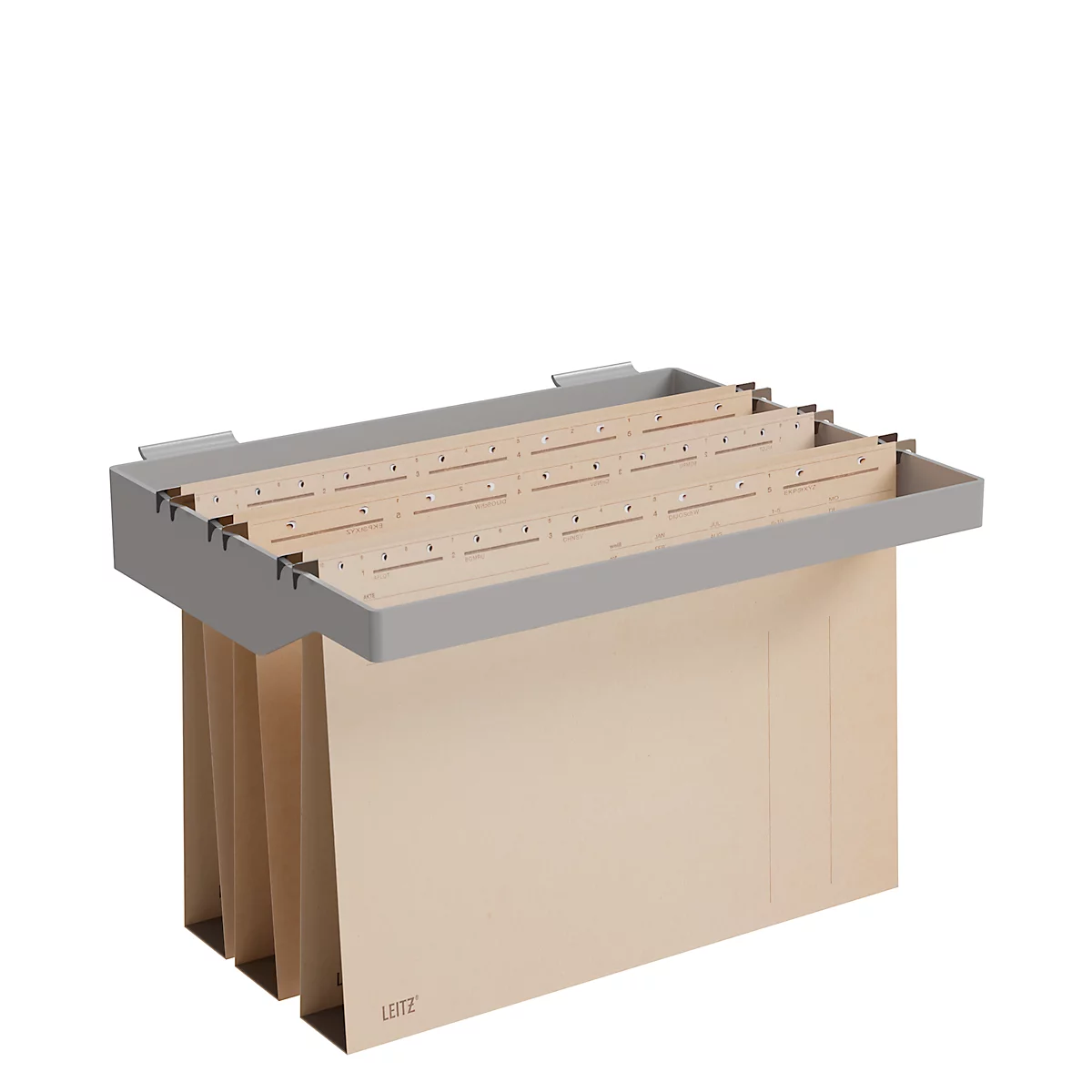 Light grey hanging file folder with cream-colored dividers, all against a white background.