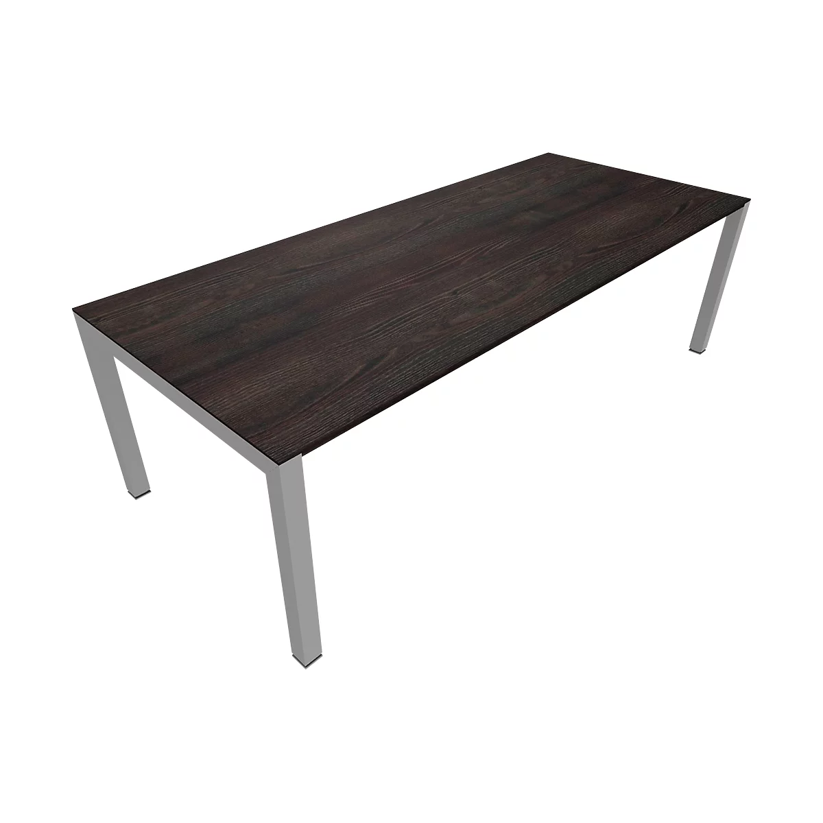Brown wooden table with silver legs, shown in perspective.