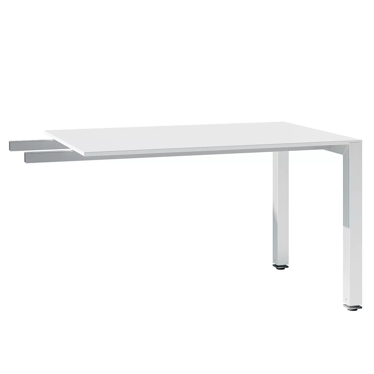 White, rectangular table with square legs. Tabletop with pull-out function.