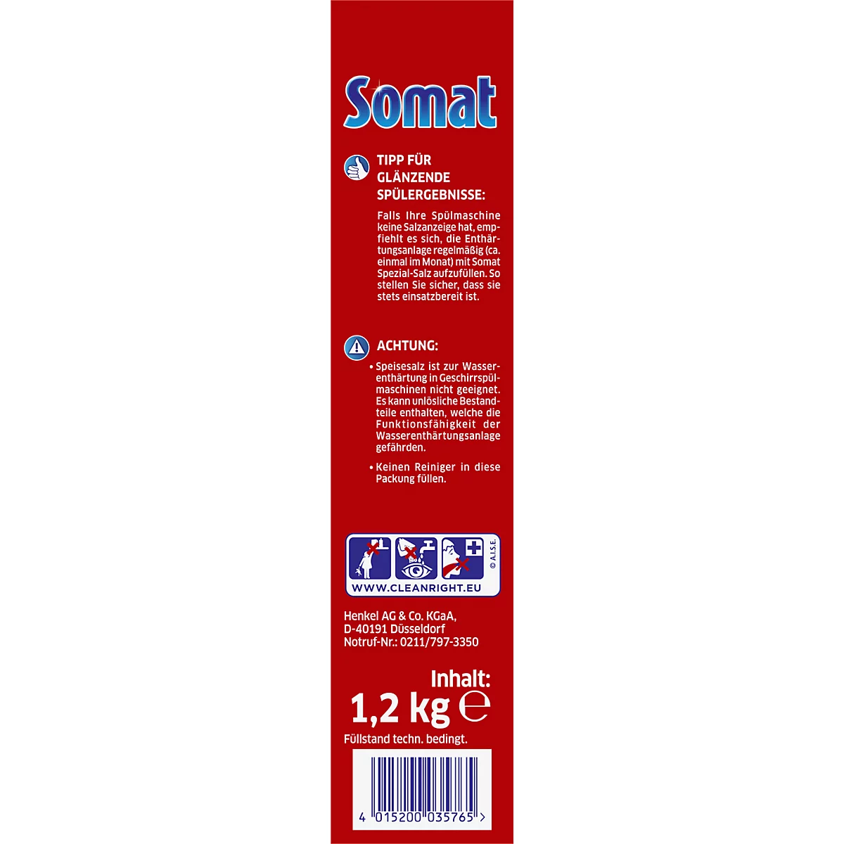 Red packaging of Somat special salt with white lettering. Contains warning notes and quantity.