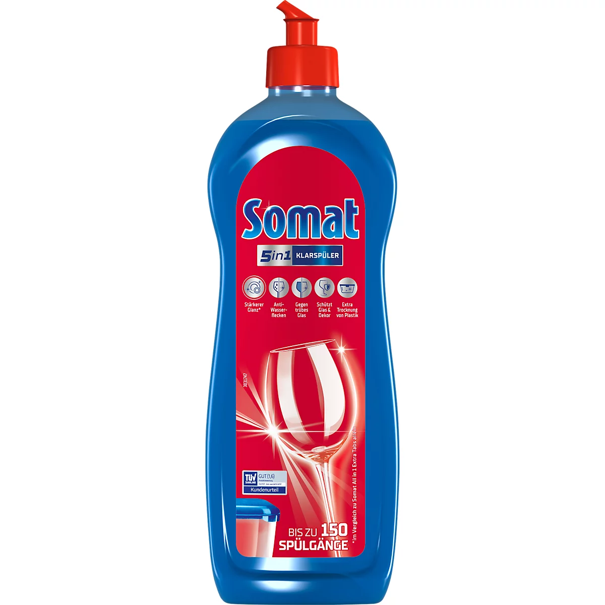 Blue and red Somat dishwashing liquid bottle. Inscription: Somat 5in1 rinse aid. Illustration of a glass. Up to 150 washes.