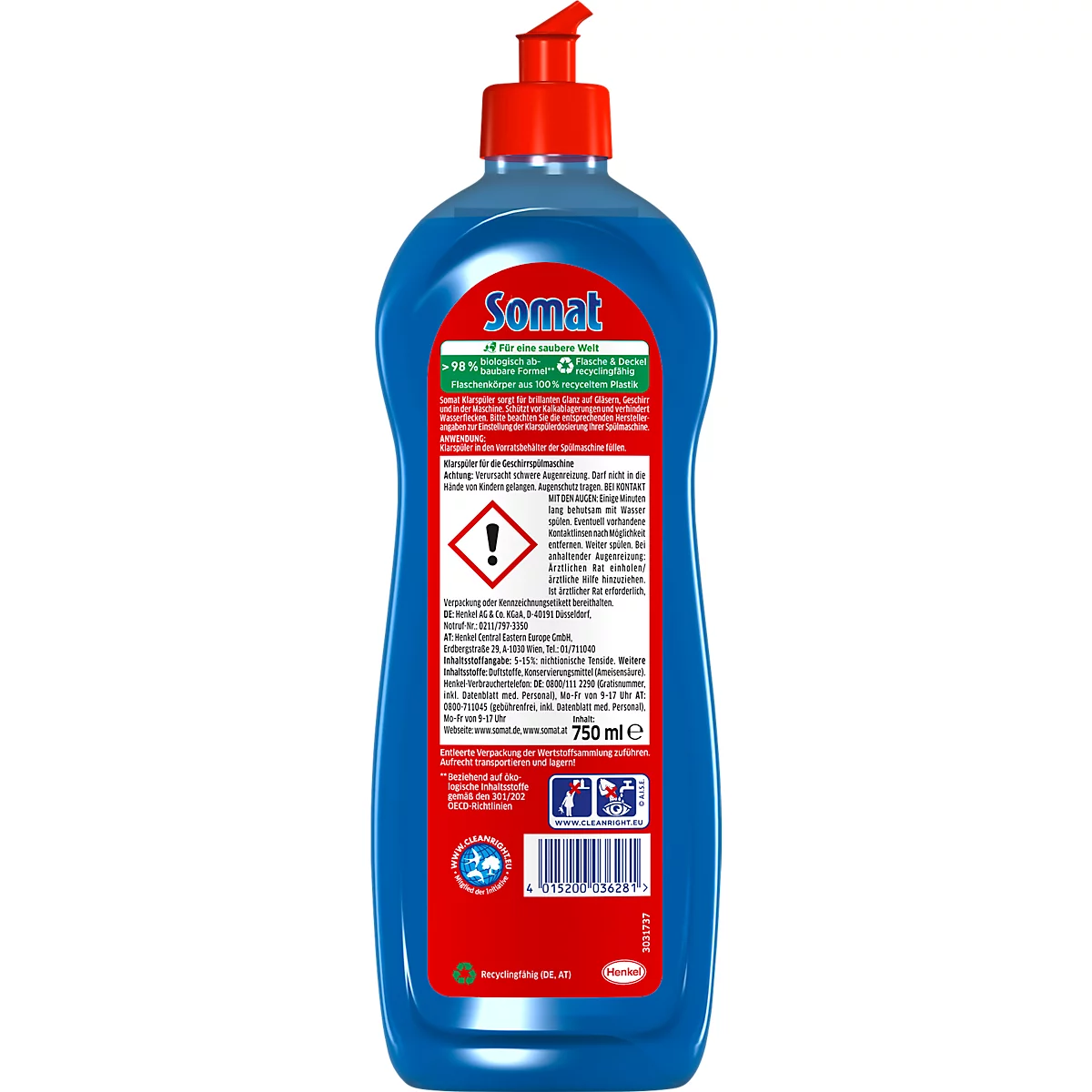 Blue detergent bottle with red cap. Print: Somat, 750 ml. Hazard symbol.
