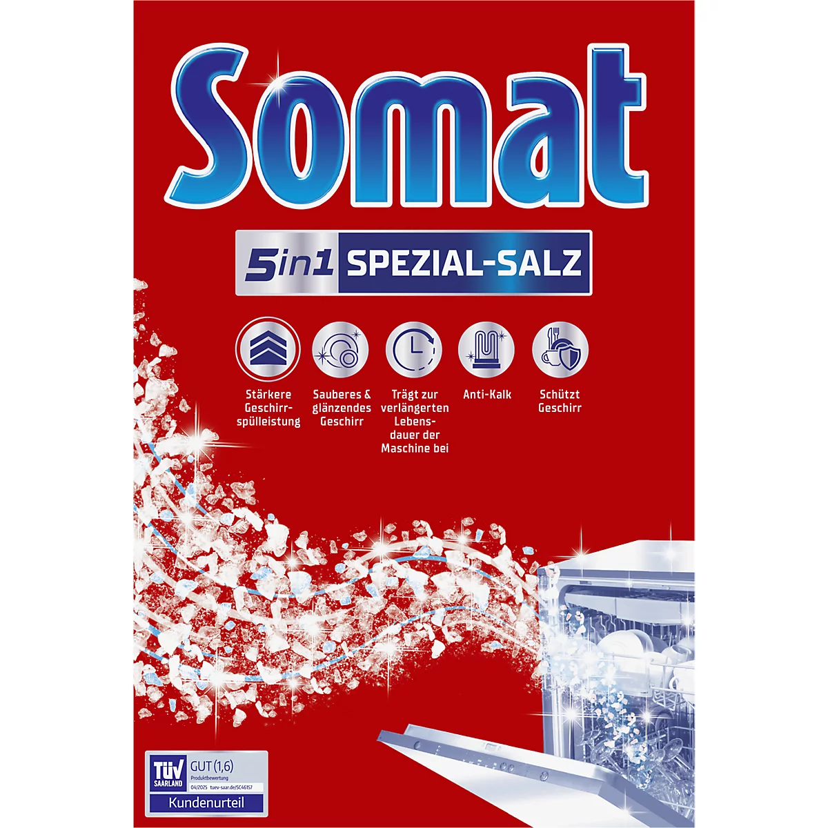 Envase rojo de Somat Special Salt. La inscripción Somat está en la parte superior, con 5in1 Special Salt debajo. Los símbolos y el texto describen las funciones.